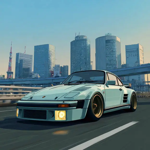 Ein cel-schattierter Porsche 935 auf einer Tokioter Autobahn