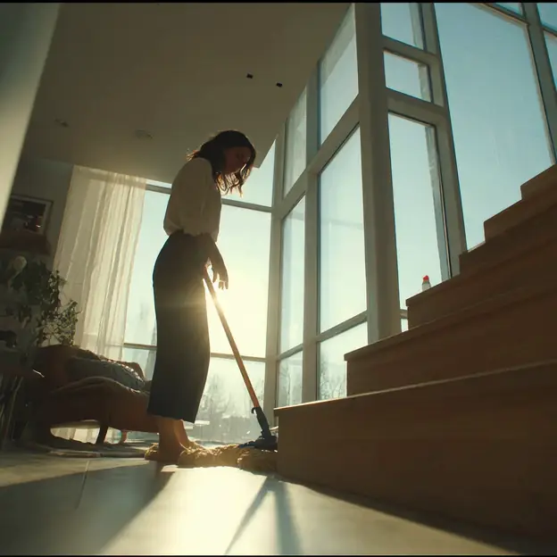 happy woman cleaning, modern bright minimalist home, smiling, dusting surfaces, sunlight through large windows, warm natural lighting, cozy sleek interior, cinematic framing, vibrant realistic colors, ultra-detailed, 8k, hyperrealistic