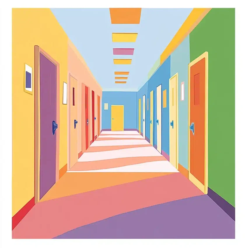 Playful School Hallway Illustration
