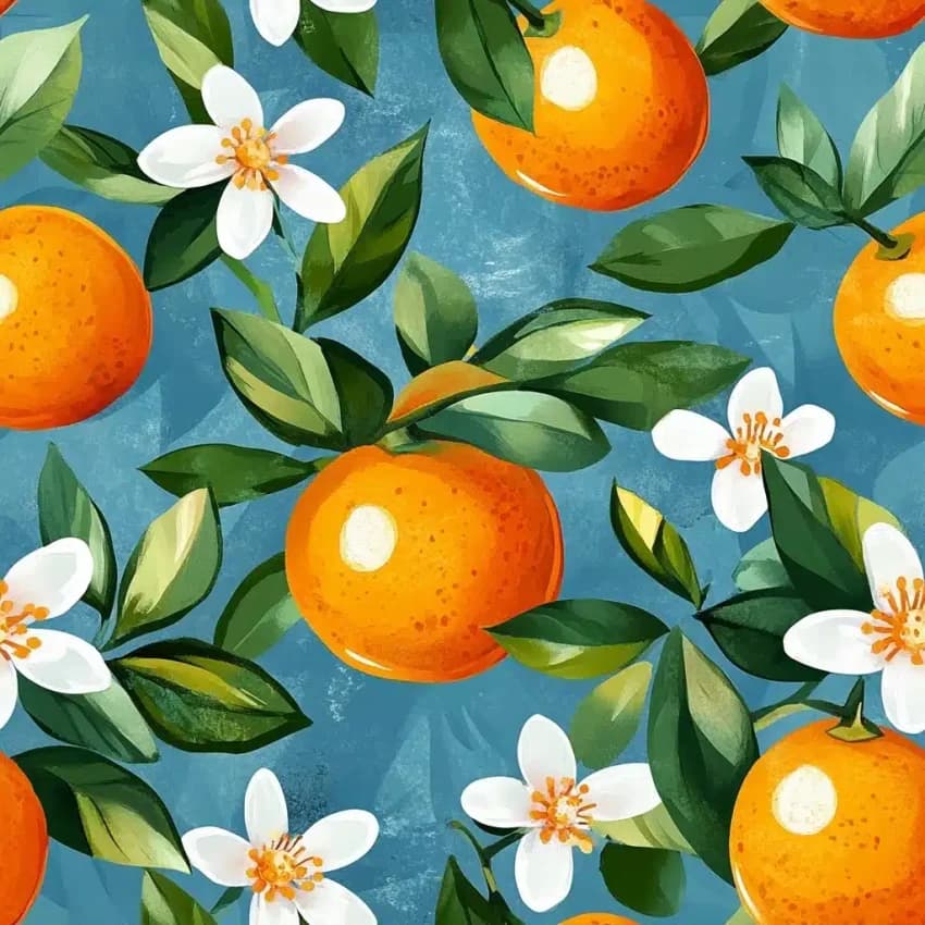 Watercolor Mandarins And Blossoms