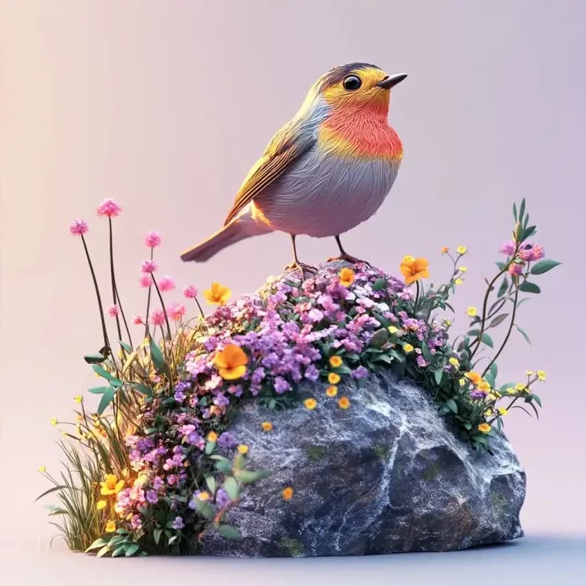3D Colorful Bird On Stone