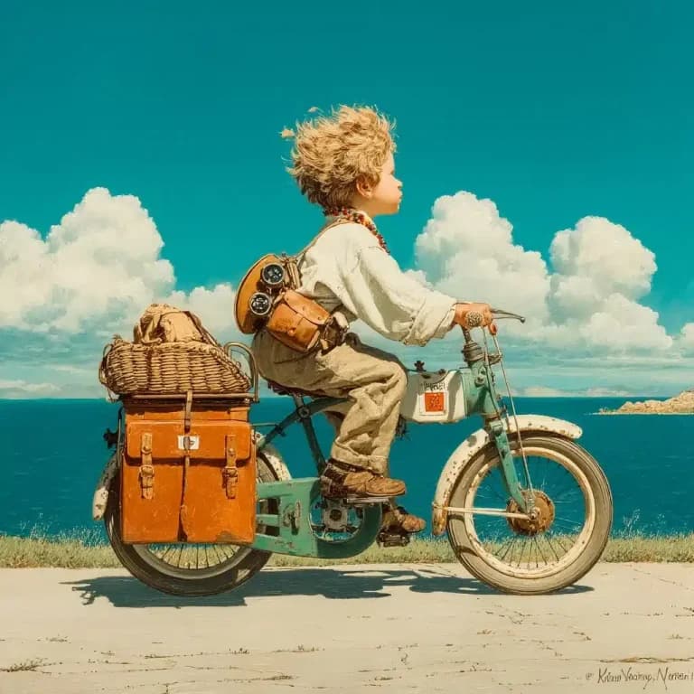 Little boy riding a bike in profile view by Norman Rockwell,...